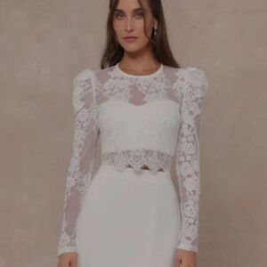 Lulus Women's Ivory Lace Long Puff Sleeve Cropped Blouse Size Medium